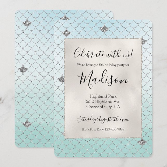 Mint Blue Silver Glitter Glitz Mermaid Birthday Invitation (Front/Back)