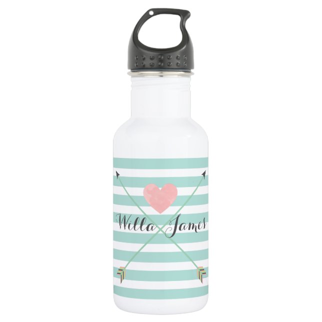 Mint Blue Stripe Arrow Monogram Water Bottle (Front)