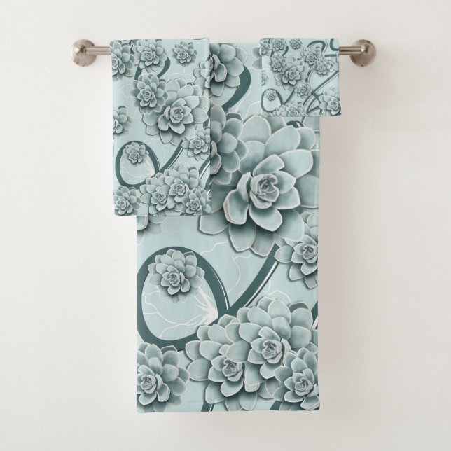 Mint Blue Succulents on Pine Green Trellis Repeat Bath Towel Set (Insitu)