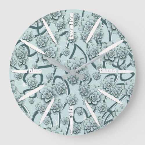 Mint Blue Succulents on Pine Green Trellis Repeat Large Clock