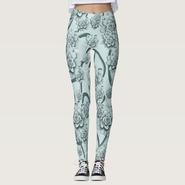 Mint Blue Succulents on Pine Green Trellis Repeat Leggings (Front)
