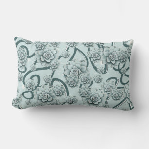 Mint Blue Succulents on Pine Green Trellis Repeat Lumbar Pillow