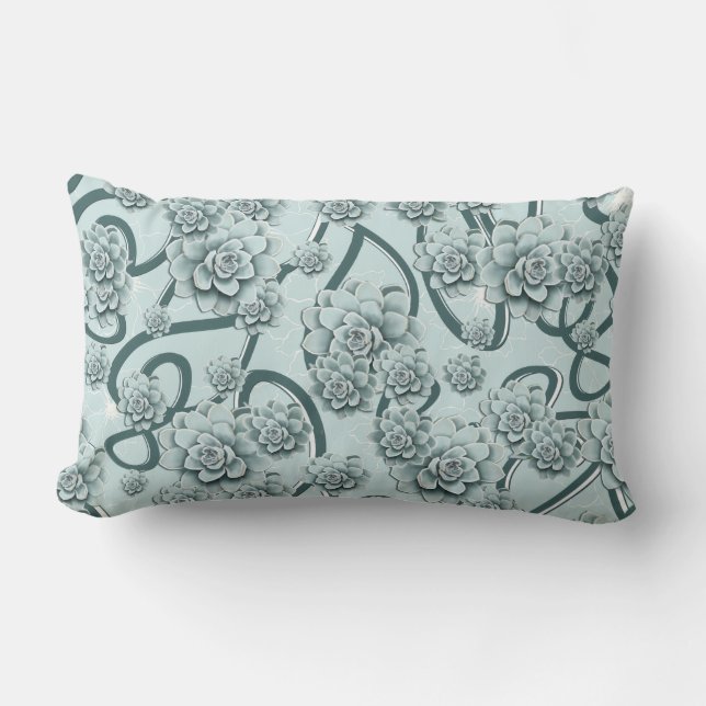 Mint Blue Succulents on Pine Green Trellis Repeat Lumbar Pillow (Front)