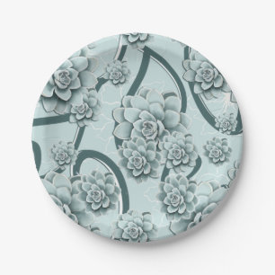 Mint Blue Succulents on Pine Green Trellis Repeat Paper Plates