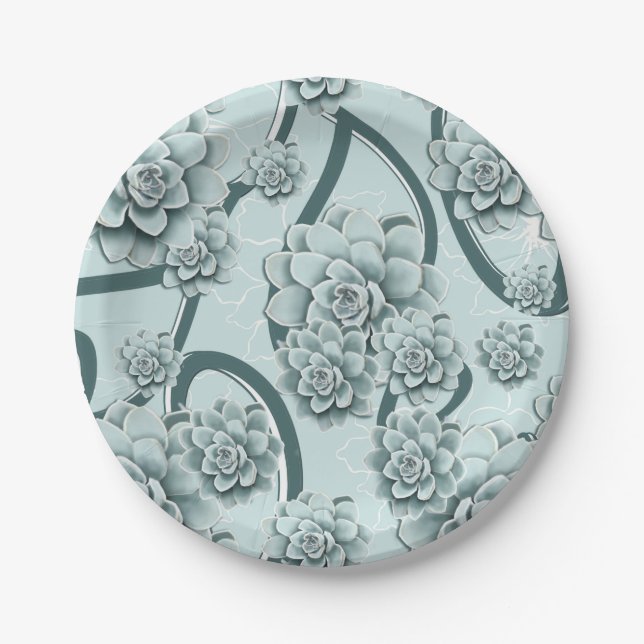 Mint Blue Succulents on Pine Green Trellis Repeat  Paper Plates (Front)