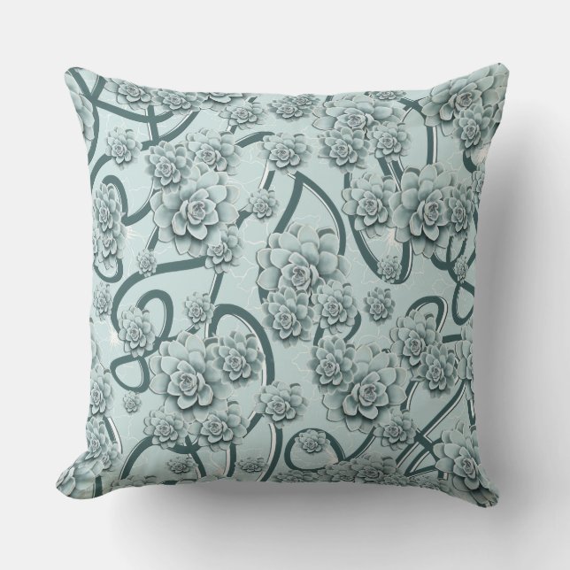Mint Blue Succulents on Pine Green Trellis Repeat Throw Pillow (Front)