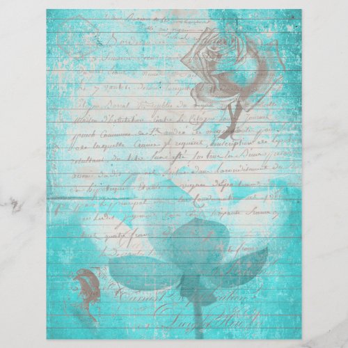 Mint blue teal old handwritting paper and flowers