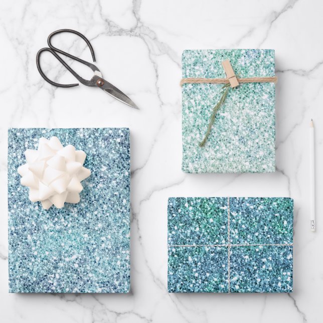 Mint Blue Teal Ombre Sparkle Glitter         Wrapping Paper Sheets (Front)