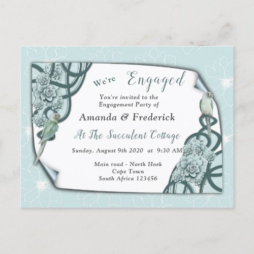 Mint Blue to Pine Green Succulents Engagement Invitation Postcard
