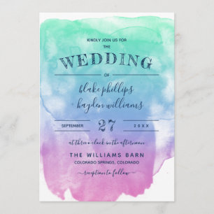 Mint Blue Violet Watercolor Wash Wedding Invitation