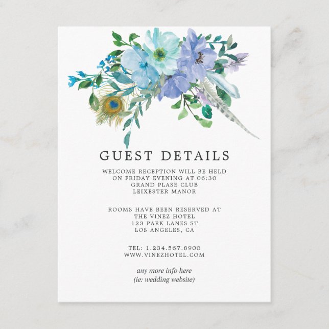 Mint & Blue Watercolor Boho Wedding Guest Details Enclosure Card (Front)