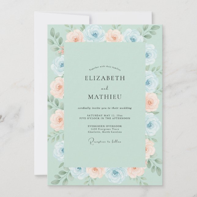 Mint Blue Watercolor Floral Wedding Invitation (Front)