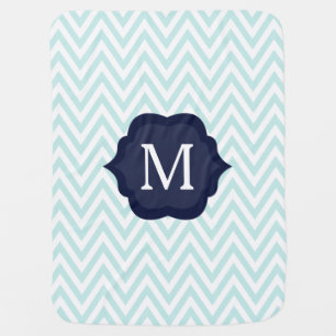 Mint Blue & White Chevron Navy Monogram Design Baby Blanket