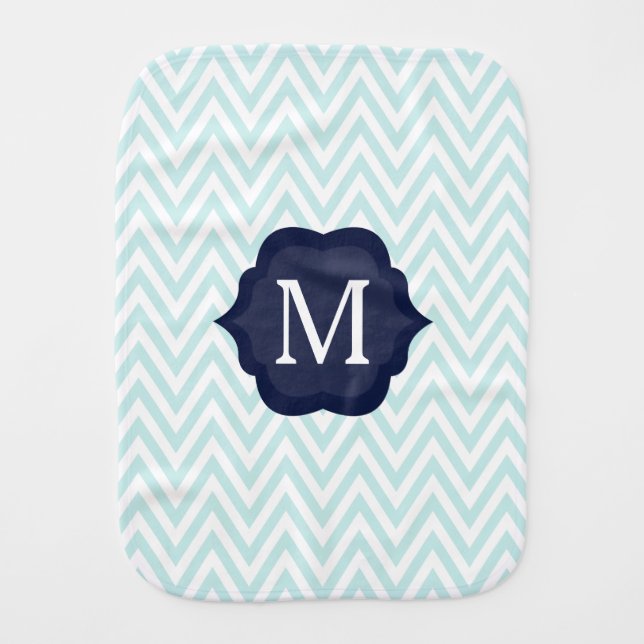 Mint Blue & White Chevron Navy Monogram Design Burp Cloth (Front)