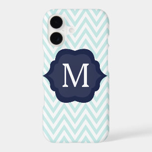Mint Blue & White Chevron Navy Monogram Design iPhone 17 Case