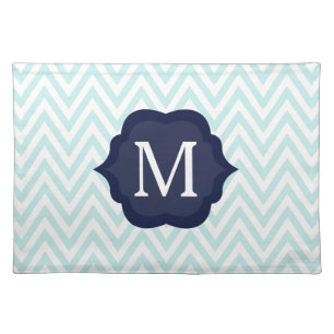 Mint Blue & White Chevron Navy Monogram Design Cloth Placemat
