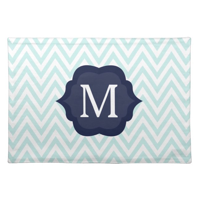 Mint Blue & White Chevron Navy Monogram Design Cloth Placemat (Front)