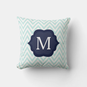 Mint Blue  & White Chevron Navy  Monogram Design Throw Pillow