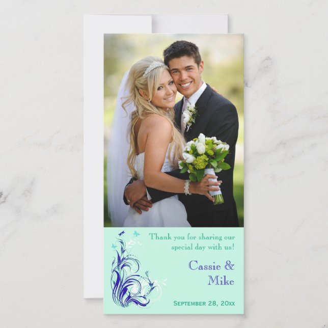 Mint, Blue, White Floral Wedding Photo Card (Front)