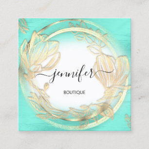 Mint Blue White Gold Floral QRCode Logo Square  Business Card