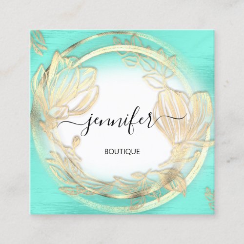 Mint Blue White Gold Floral QRCode Logo Square  Square Business Card