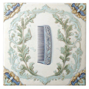 Mint Blue & White Hair Comb Funny Salon Bathroom Ceramic Tile