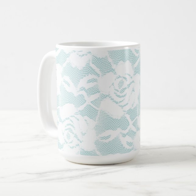 Mint Blue White Lace Roses Floral Coffee Mug (Front Left)