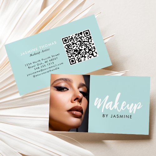 Mint Blue White Script QR Code Photo Makeup Business Card