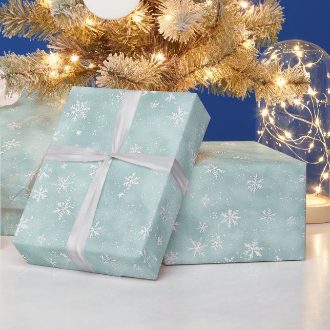 Mint Blue White Snowflakes Christmas Wrapping Paper (Holidays)