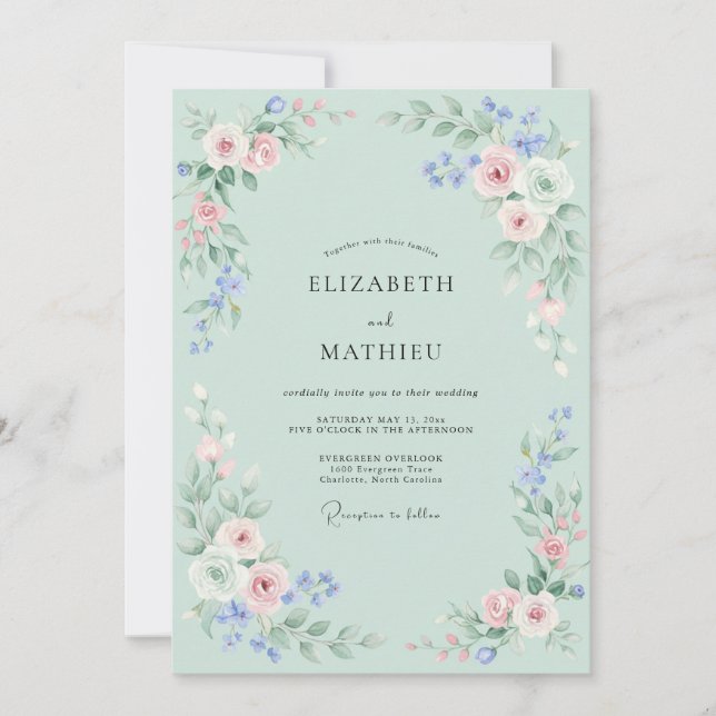 Mint Blush Floral Arrangement Wedding Invitation (Front)