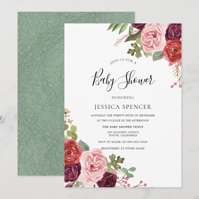 Mint & Blush Flowers Neutral Baby Shower Invite (Front/Back)
