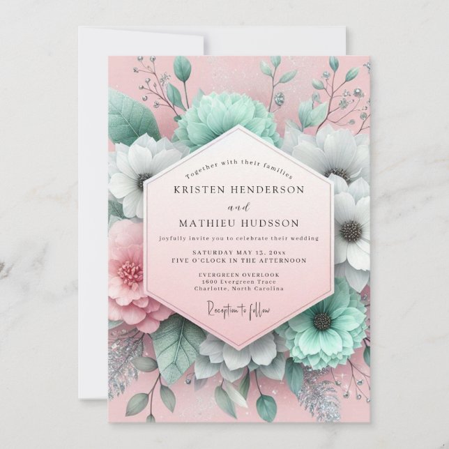 Mint Blush Painterly Flora Wedding Invitation (Front)