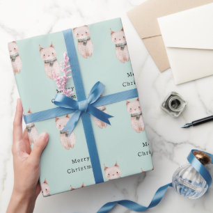 Mint Blush Pink Cat Christmas Wrapping Paper