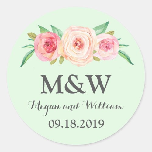 Mint Blush Pink Floral Monogram Wedding Classic Round Sticker