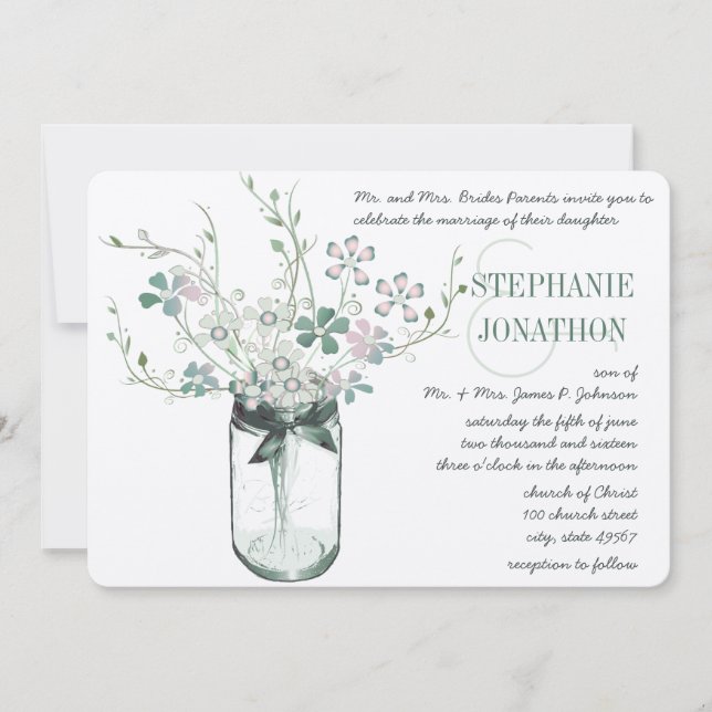 Mint Blush Pink Mason Jar Wild Flower Wedding Invitation (Front)