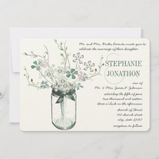 Mint Blush Pink Mason Jar Wild Flower Wedding Invitation