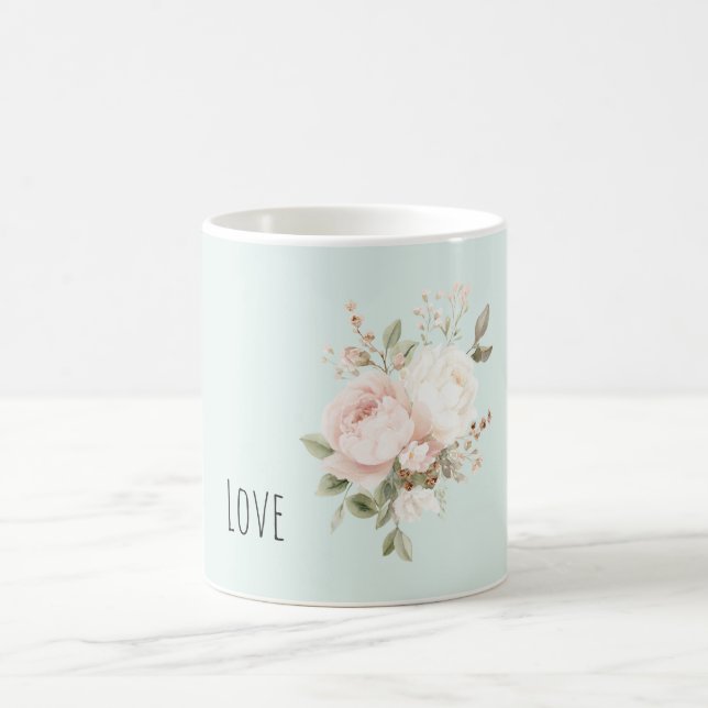 Mint Blush Pink White Rose Flowers Coffee Mug (Center)