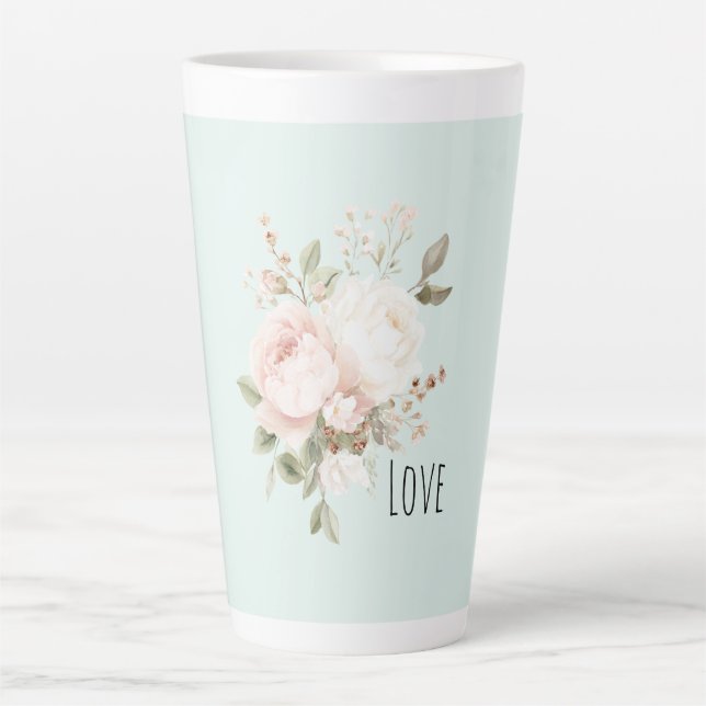 Mint Blush Pink White Rose Flowers Latte Mug (Front)