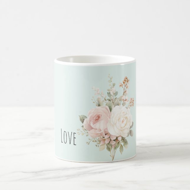 Mint Blush Pink White Roses Floral Coffee Mug (Center)