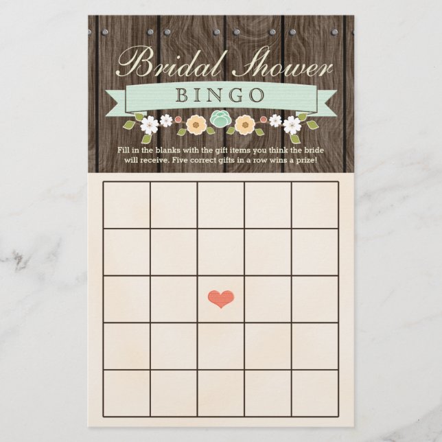 Mint Boho Rustic Bridal Wedding Shower Bingo Sheet (Front)