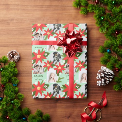 Mint Bold Poinsettia Three Photo Christmas Holiday Wrapping Paper