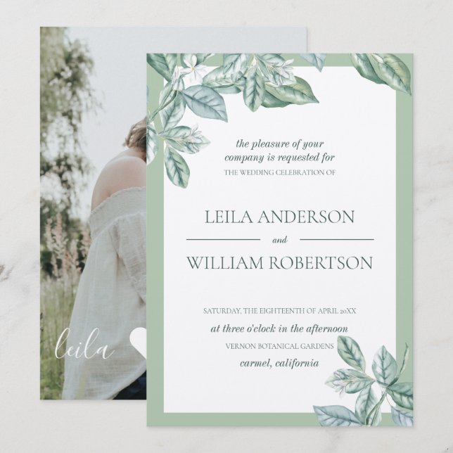 Mint Botanical Elegant Wedding Photo Invitation (Front/Back)