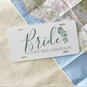 Mint Botanical Minimalist Bride Personalized License Plate