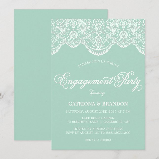 Mint Brocade Lace Engagement Party Invitation (Front/Back)