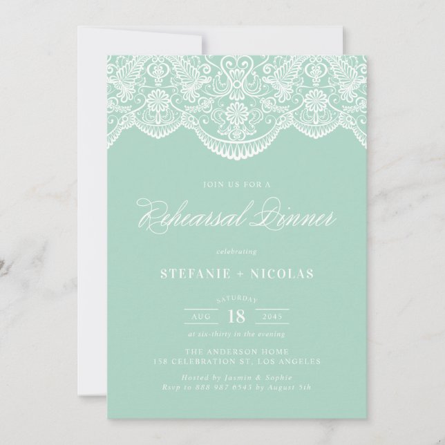 Mint Brocade Lace Rehearsal Dinner Invitation (Front)
