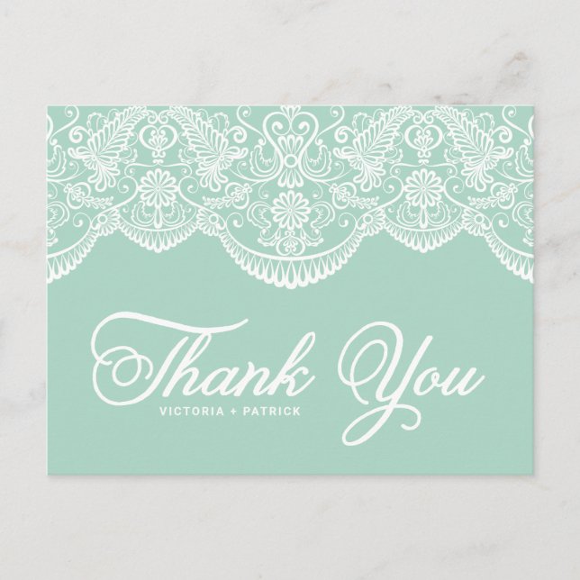 Mint Brocade Lace Wedding Thank You Postcard (Front)