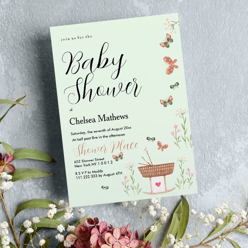 Mint brown green butterfly floral Baby Shower  Invitation