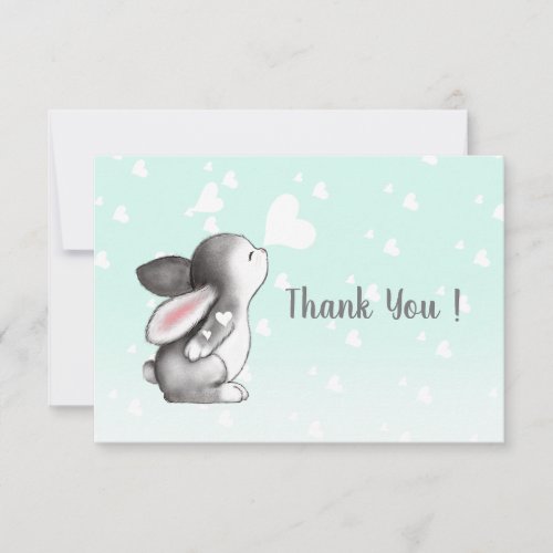 Mint bunny heart confetti flat thank you card