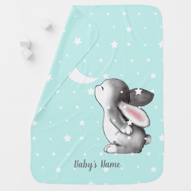 Mint Bunny Moon Stars Baby Blanket (In Situ)