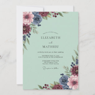 Mint Burgundy Dahlia Wedding Invitation